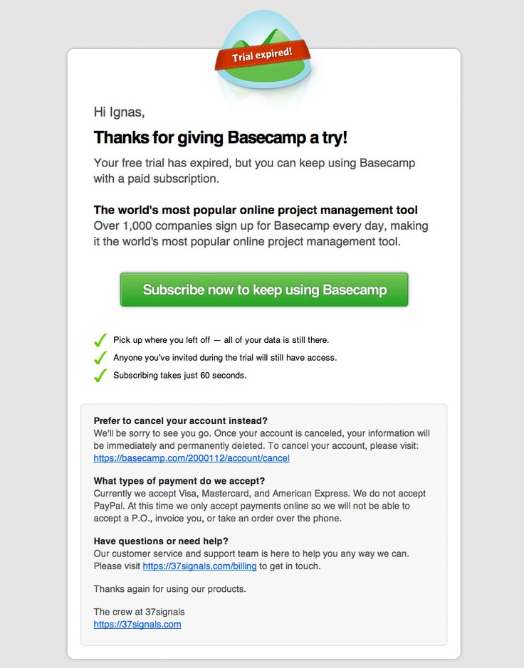 Basecamp end of free trial