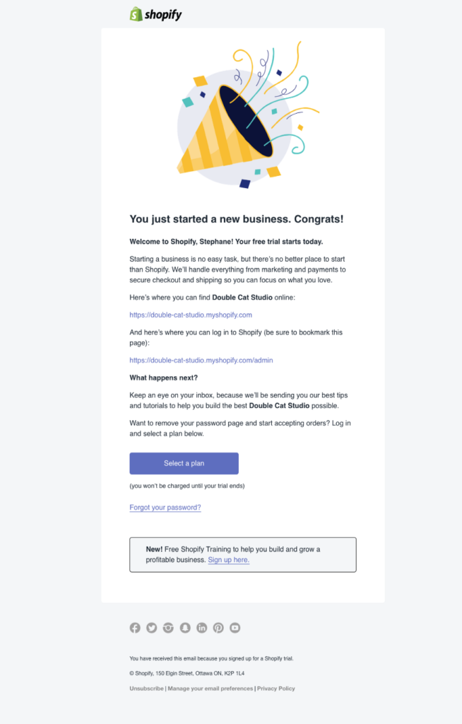 SaaS email marketing examples: Shopify welcome email
