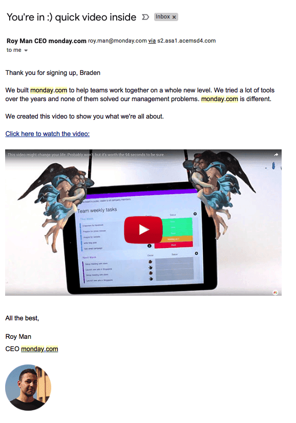 SaaS email marketing examples Monday onboarding email