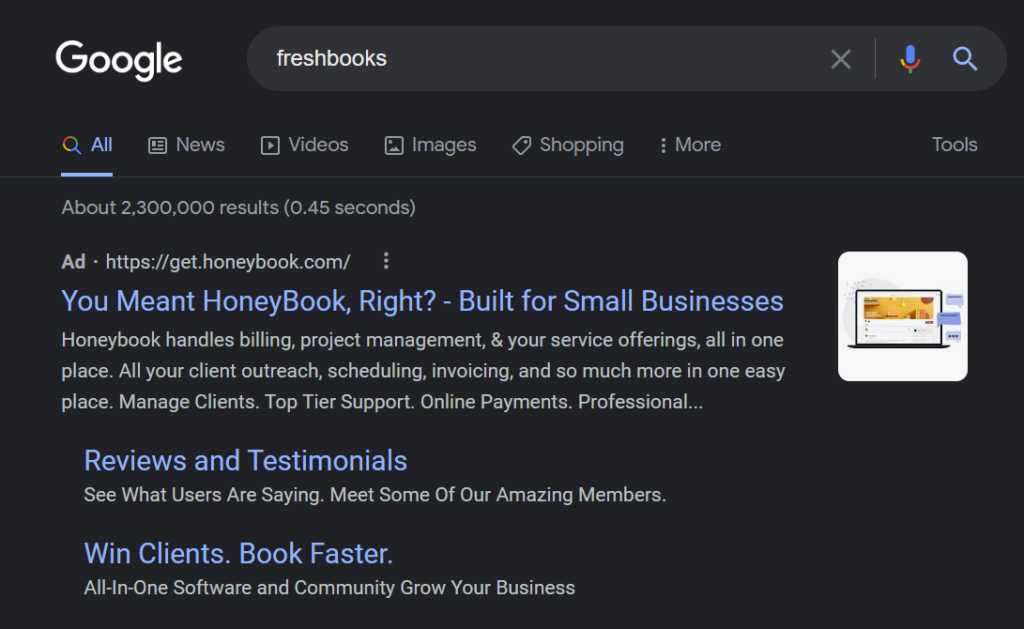 Google ad examples SaaS HoneyBook